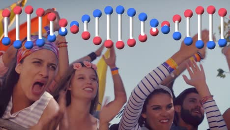 animation of dna strand spinning over people dancing and cheering during music concert