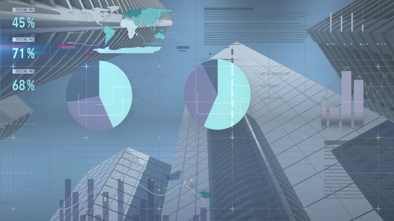 Animation of financial data processing over cityscape