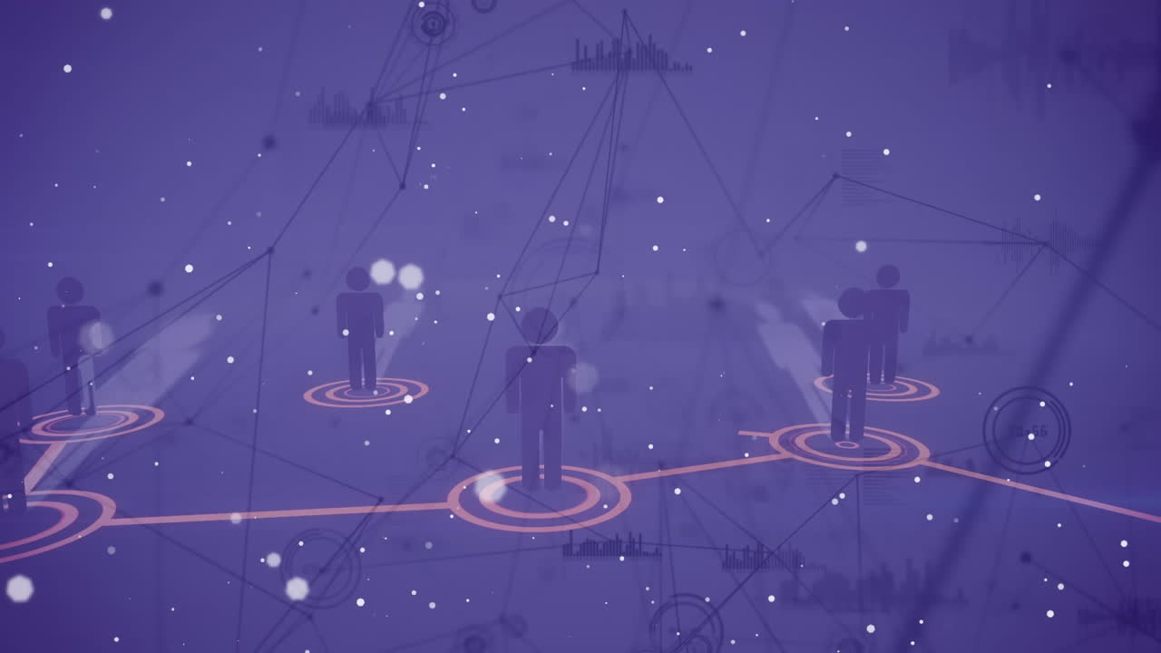 Animation of network of connections with people icons on purple background