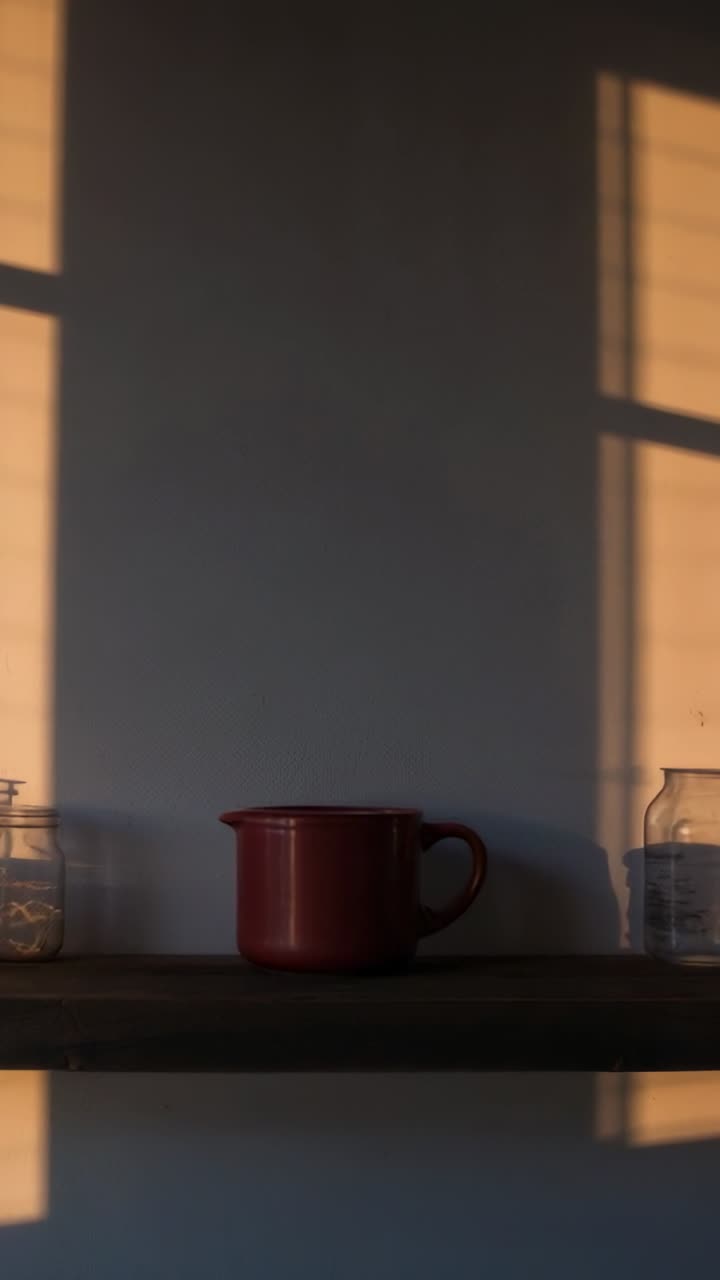 Red Mug on Wooden Shelf with Shifting Window Shadows