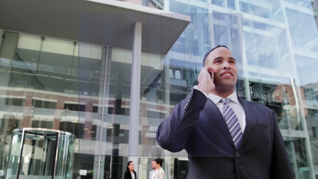 animación de un hombre de negocios apretando la mano sobre un edificio de oficinas moderno