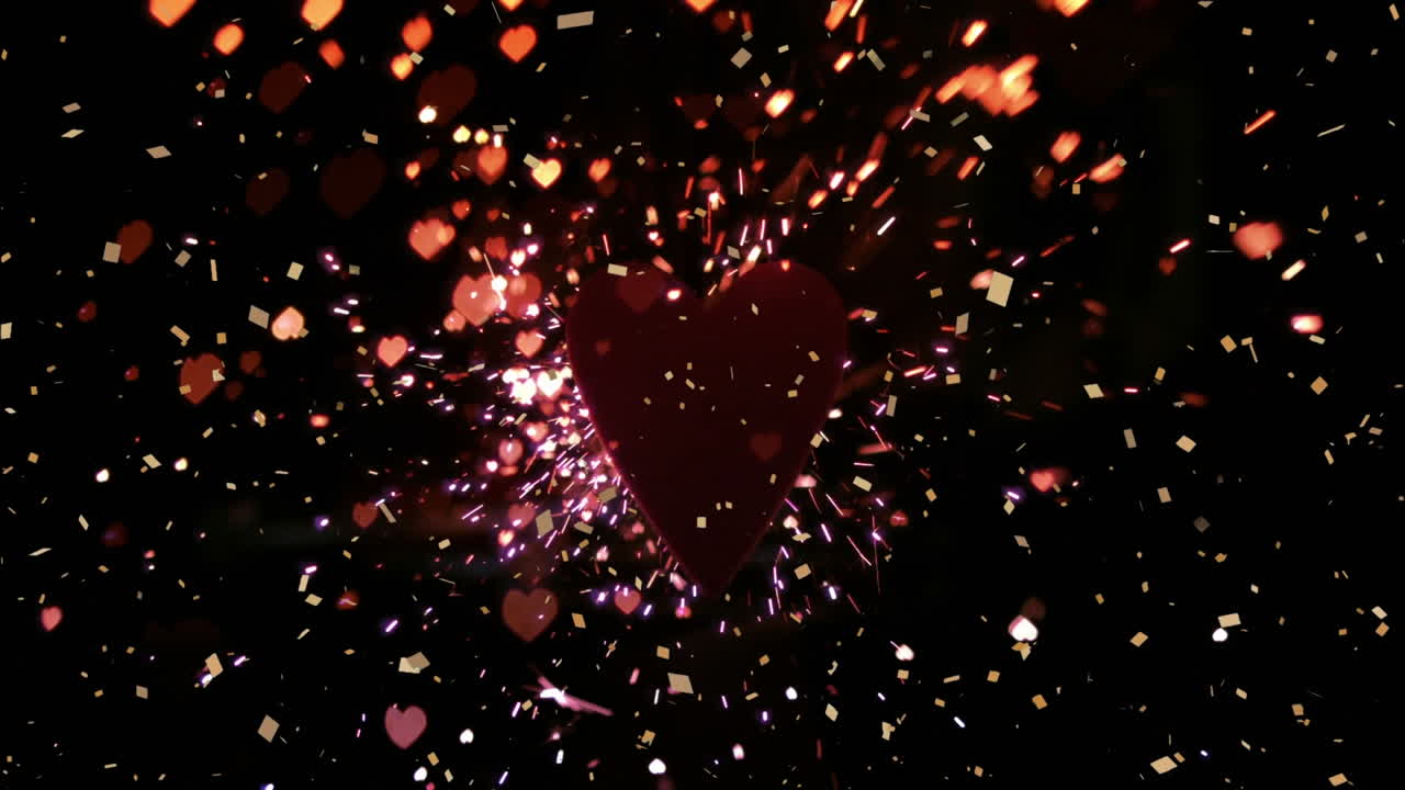 검은 바탕에 떨어지는 콘페티,  ⁇ 은 심장 및 반 ⁇ 이는 애니메이션