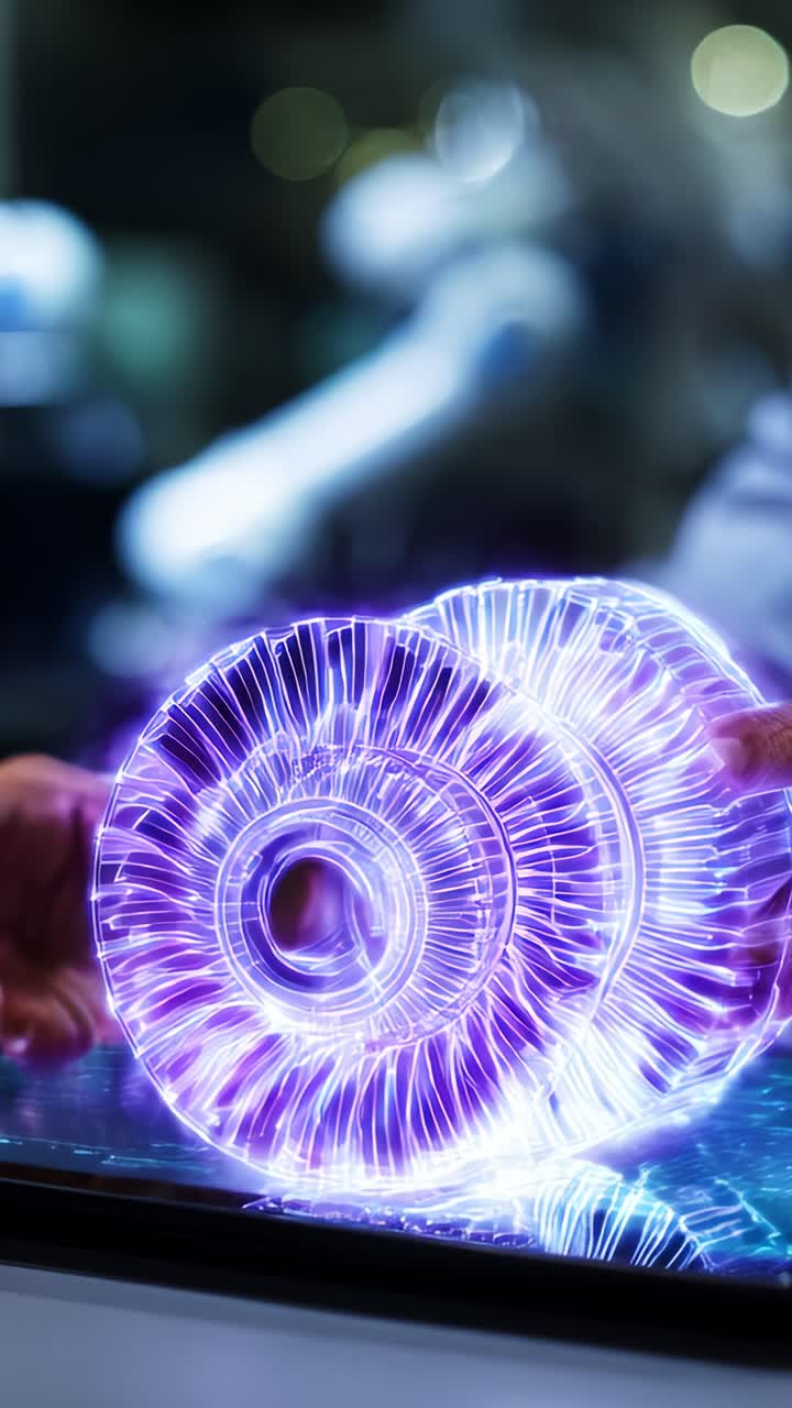 Modello digitale illuminato: esame dettagliato di un componente high-tech in un ambiente di laboratorio futuristico che enfatizza la precisione e l'innovazione nella tecnologia