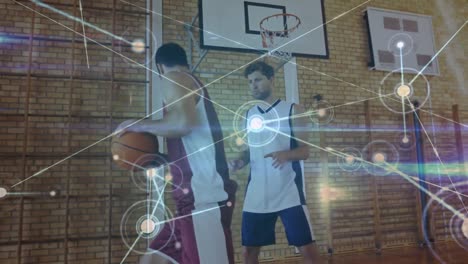 Animation-Des-Netzwerks-Von-Verbindungen-Während-Eines-Basketballspiels-Im-Fitnessstudio