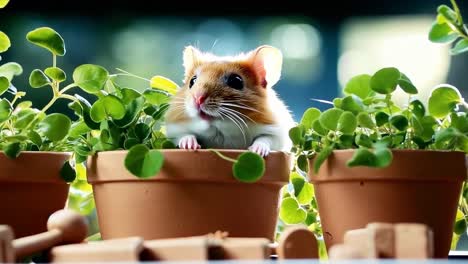 a hamster sitting in a flower pot next to some plants