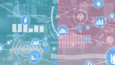 Animation-of-network-of-connections-with-icons-over-data-processing-and-computing-board