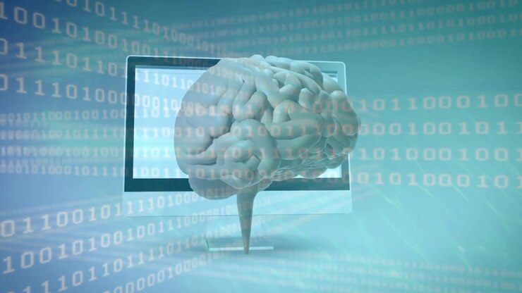 Camera panning right, 3Dbrain rotating toward monitor outline, binary, blue dots dropping for data