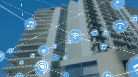 animación de redes de conexiones sobre edificios modernos.