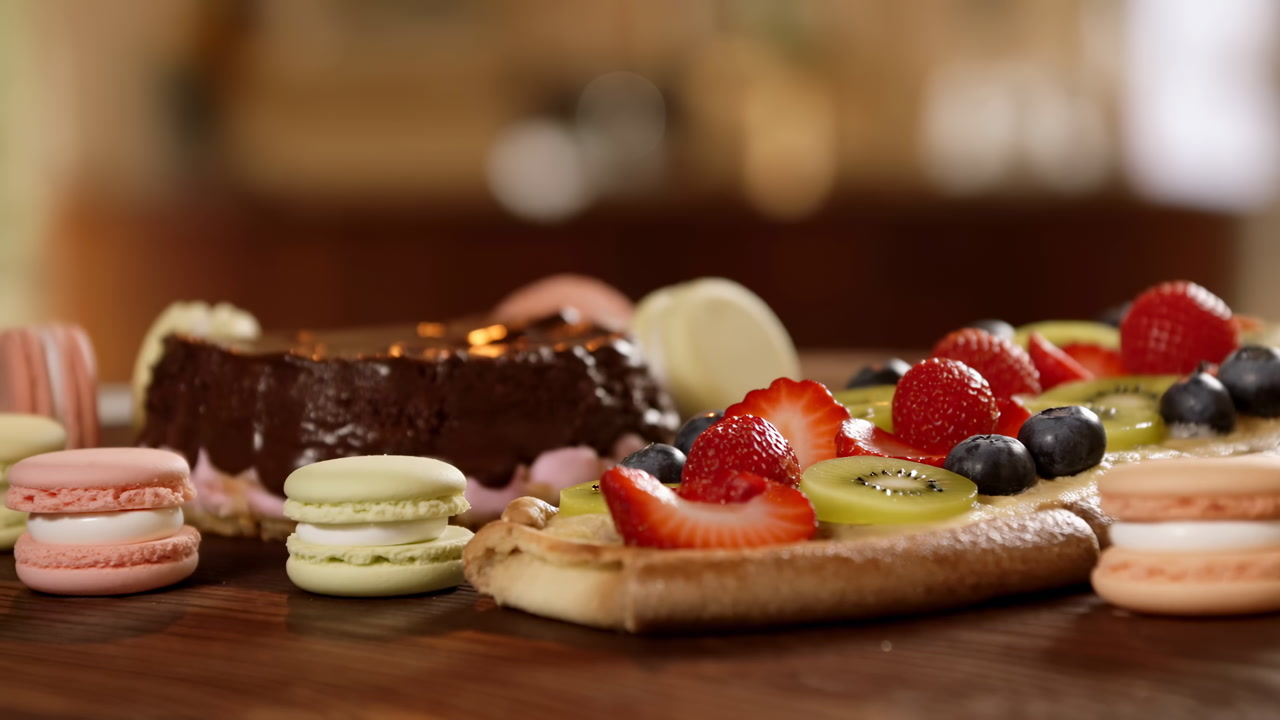 Fruit Tart And Macarons Platter On Wooden Board With Strawberries And Blueberries, Glossy Glaze On Kiwi, Slice