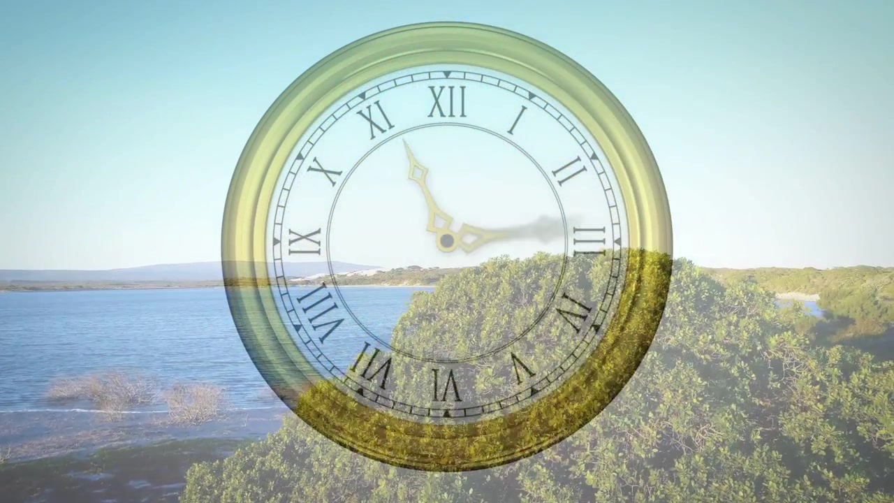On playback clock overlay rotating hands dial fading pendulum bob swinging revealing coast for tech