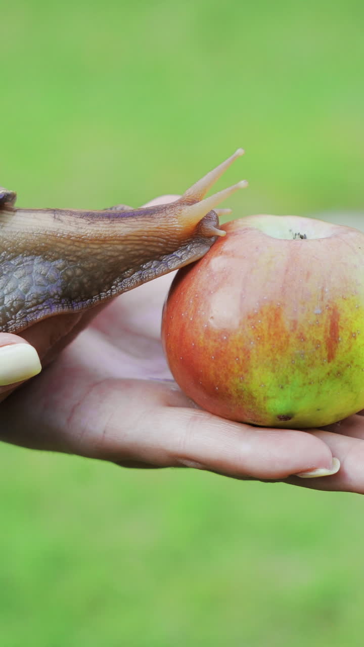 Snail eating an apple on a woman's palm. Giant African land snail (Achatina fulica). Vertical video