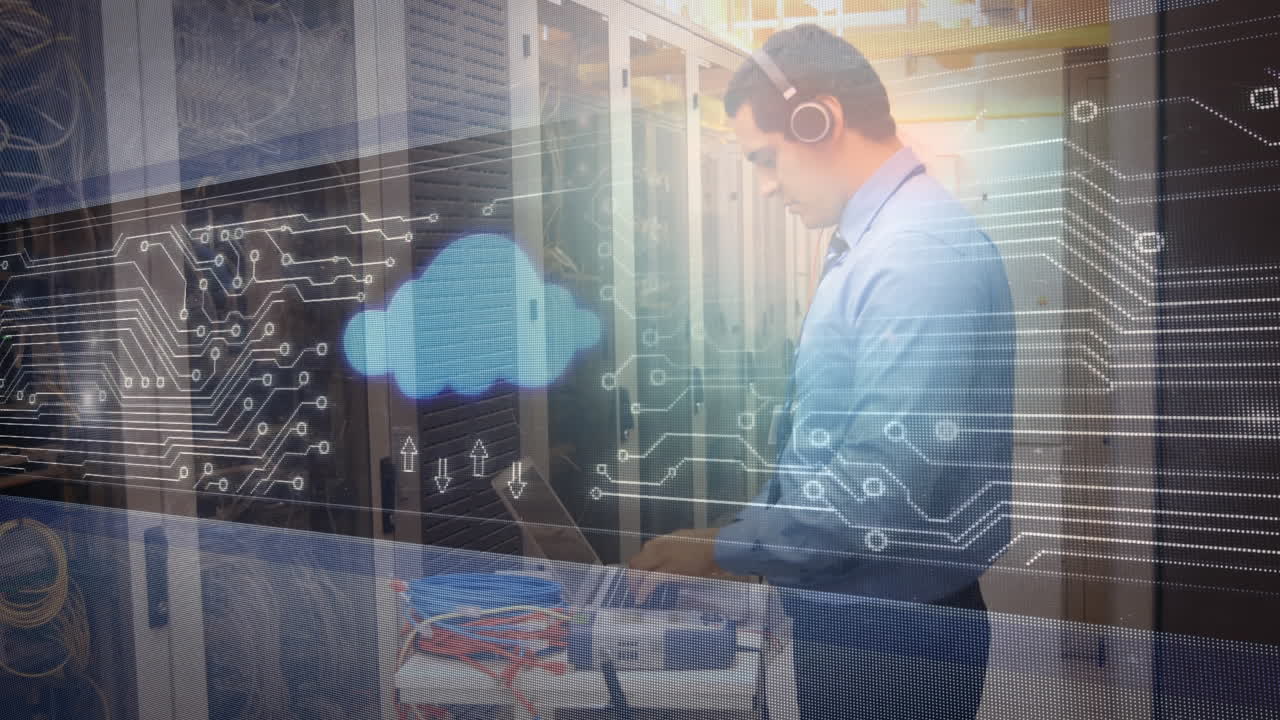 Man working in server room with cloud icon and glowing circuit board