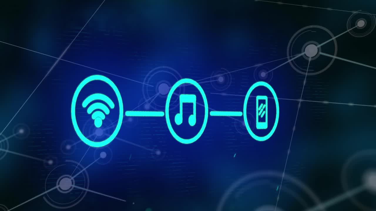 animação de ícones de wifi, música e telefone formando diagrama de fluxo sobre pontos conectados