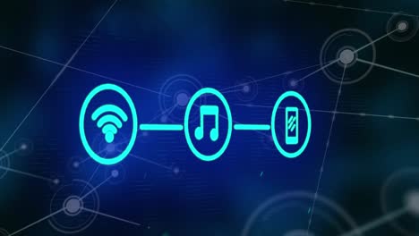 Animación-De-Iconos-De-Wifi,-Música-Y-Teléfono-Que-Forman-Un-Diagrama-De-Flujo-Sobre-Puntos-Conectados.