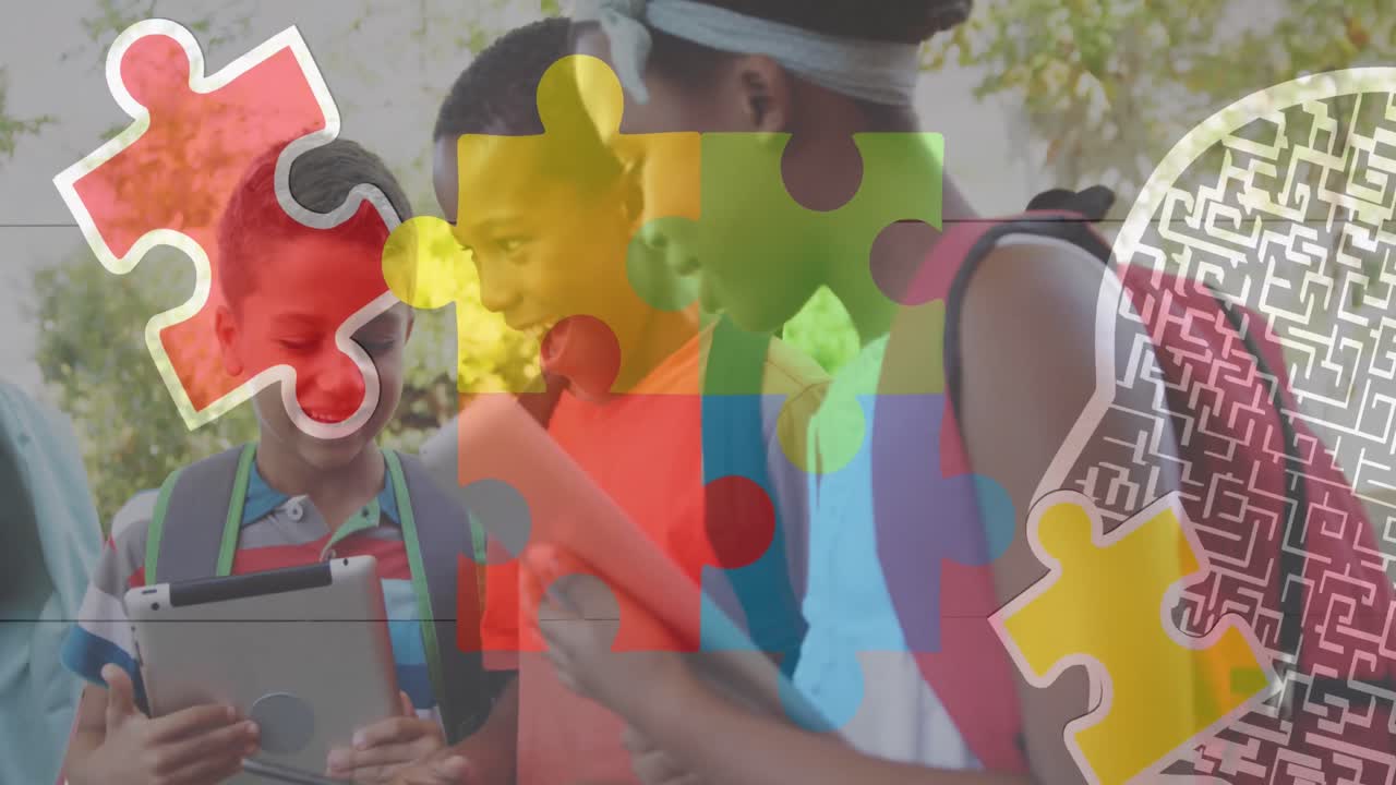 animación de rompecabezas sobre diversos escolares que usan tableta.