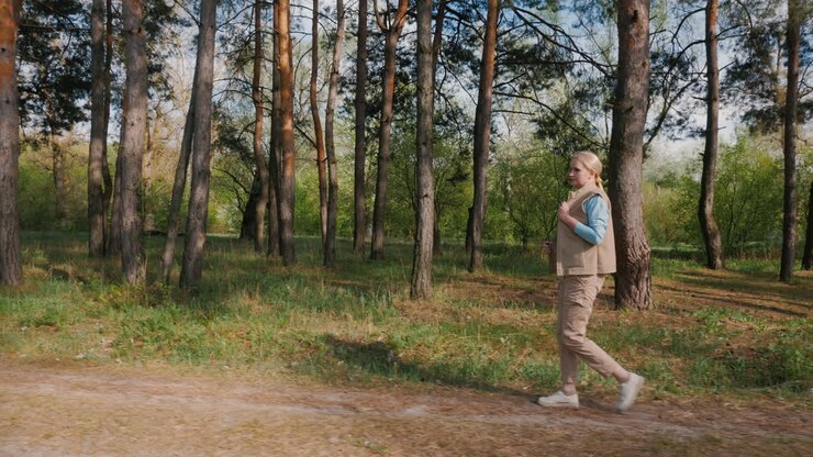 Woman Walking in a Forest Path