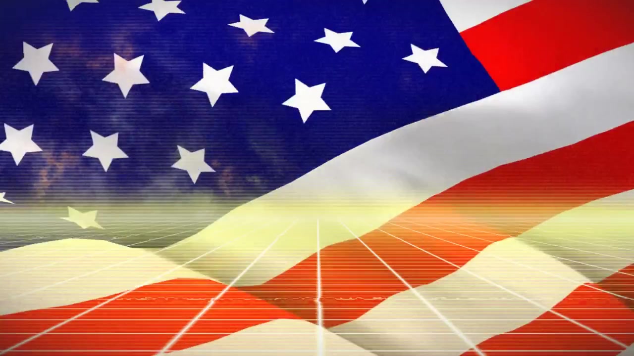 Cena começando com uma bandeira americana 3D tremulando enquanto uma grade de varredura dourada varre para um efeito patriótico.