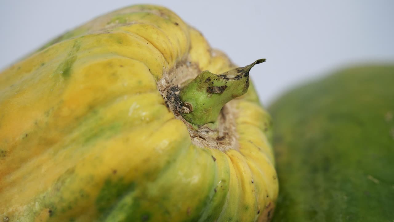 cerrar lentamente acercarse a una papaya amarilla madura con manchas en ella vegano vegetariano fruta pata pata