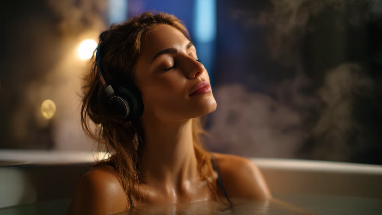 Relaxing in a Warm Bath: A Moment of Serenity with Headphones Enjoying Music and Steam, Soothing Environment for Ultimate Peace and Mindfulness