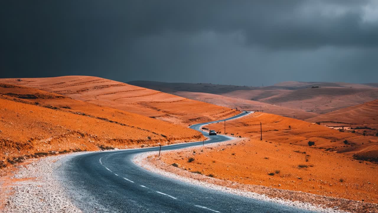 A Serpentine Road Through Vibrant Orange Hills Under Dramatic Clouds: A Scenic Journey in a Majestic Landscape Capturing Nature's Beauty and Tranquility