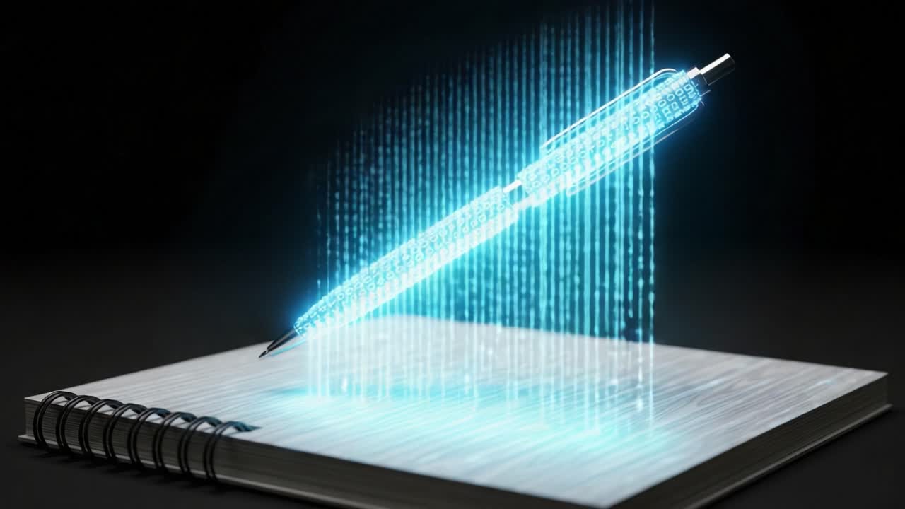A Futuristic Digital Pen Projecting Binary Data onto a Blank Notebook, Symbolizing Technology and Innovation in Writing and Information Sharing