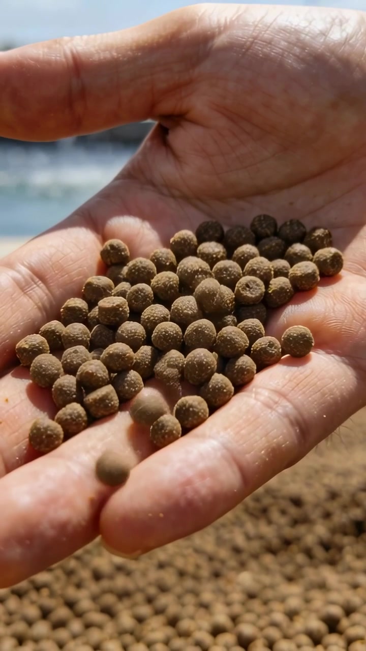 Video verticale: Mano destra che si inclina rilasciando piccoli pellet marroni su un mucchio sulla riva, aggiungendo al mucchio.
