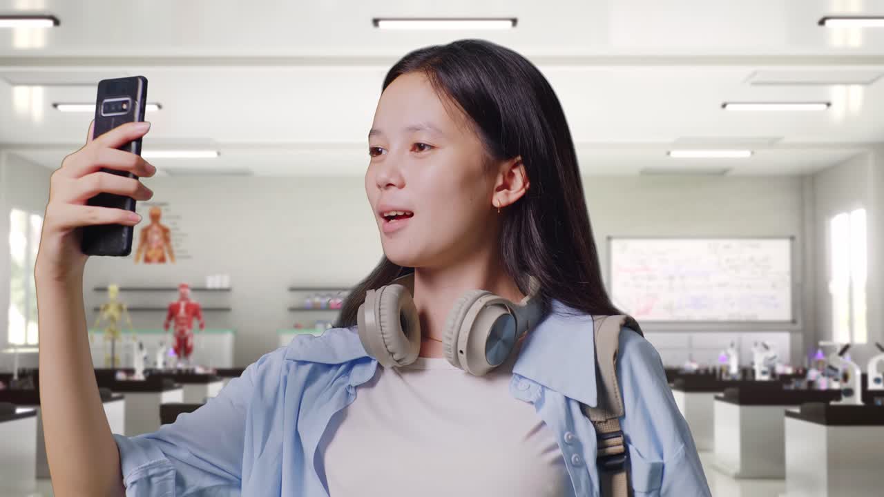 과학 실험실에 서서 스마트폰으로 비디오 통화를 하는 배을 들고 있는 아시아 십대 소녀 학생의 클로즈업