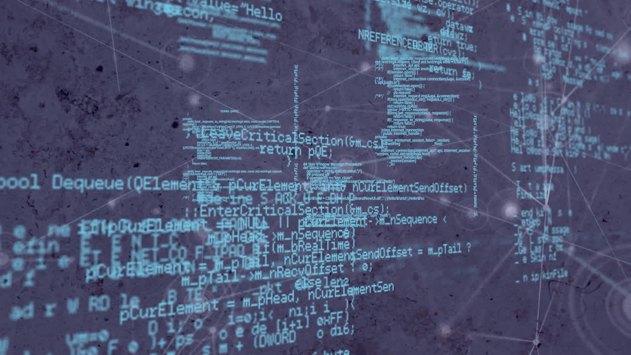 Animation of networks of connections and data processing over black background