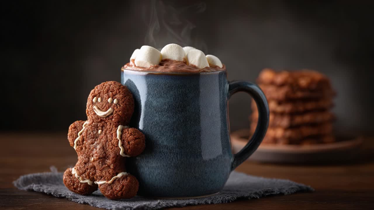 Delightful Winter Warmth: A Cozy Scene Featuring a Gingerbread Man Cookie and Hot Chocolate with Marshmallows in a Rustic Setting