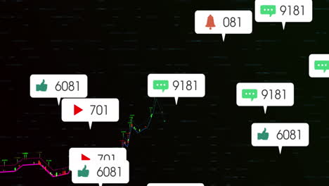Animation-Von-Benachrichtigungsleisten-über-Diagrammen-Und-Sich-ändernden-Zahlen-Auf-Schwarzem-Hintergrund