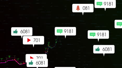 animación de barras de notificación sobre gráficos y números cambiantes sobre fondo negro