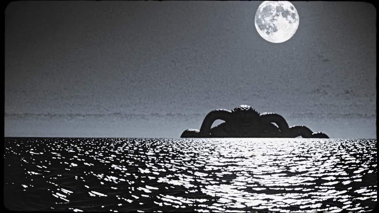 массивный мифический кракен поднимается из темных океанских глубин, бросая преследующий силуэт против лунных вод и генерируя подавляющее чувство первобытного ужаса и таинственного морского страха