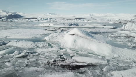 drone shot of glacial lagoon in iceland with blue sky