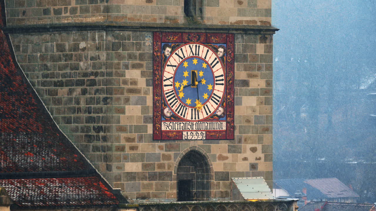 Close up of the Black Church in Brasov in south-eastern Transylvania, Romania while snowing