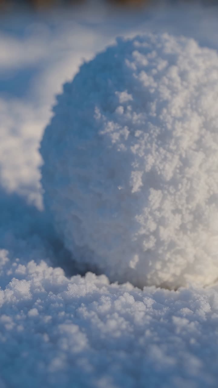 Close-up of a snowball on a snowy surface, captured at a low angle. The scene is serene and crisp