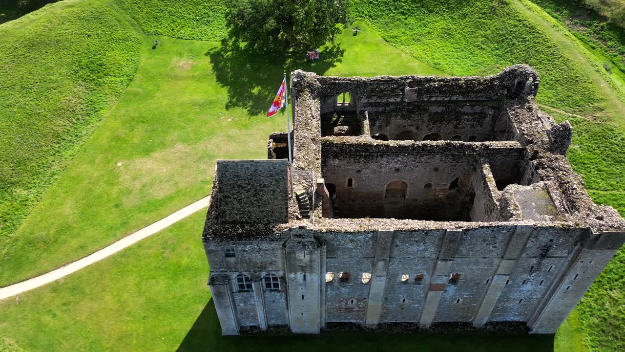 Aerial half orbit of Castle Rising, Norfolk, UK