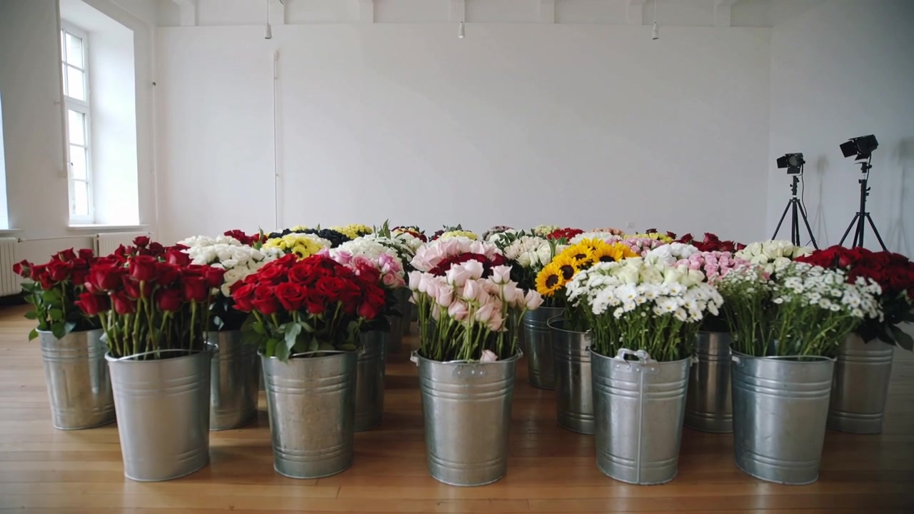 Kameraet trekkes tilbake og avslører galvaniserte blomsterbøtter på gulvet i et studio, med et vindu.