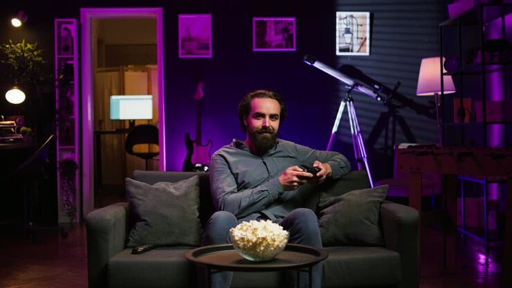 Giocatore allegro che si dedica a videogiochi divertenti, godendosi il tempo libero
