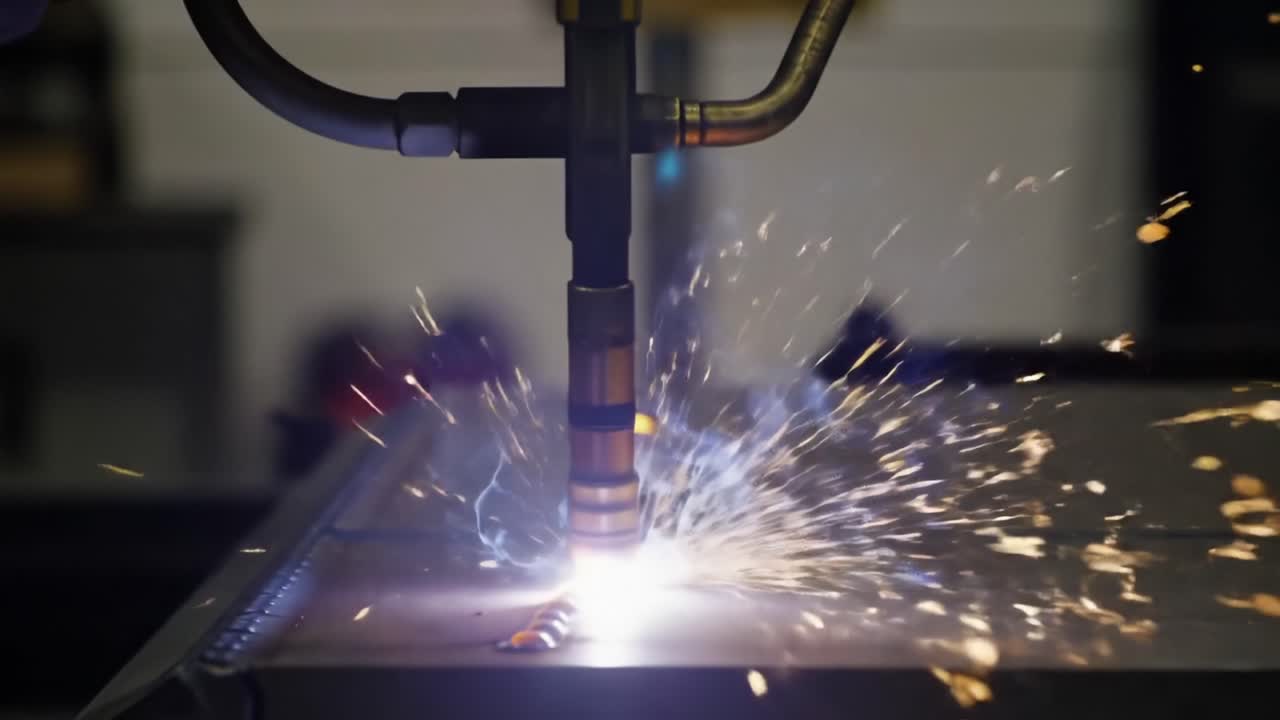 An Intricate Welding Process Captured in Action: A Close-Up of a Welding Torch Creating Sparks and Joining Metal Sheets Through Advanced Techniques