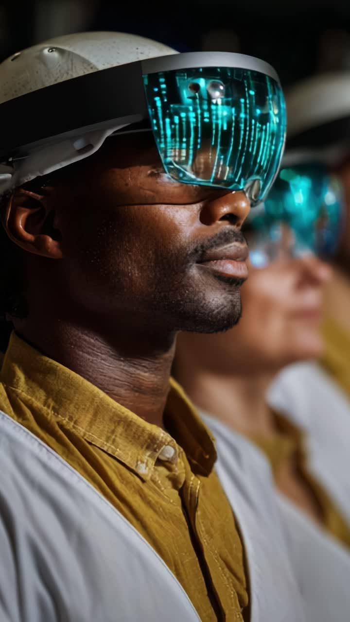 Utenti esperti di tecnologia impegnati in un ambiente high-tech con occhiali per realtà aumentata e innovazioni futuristiche per esperienze di apprendimento avanzate