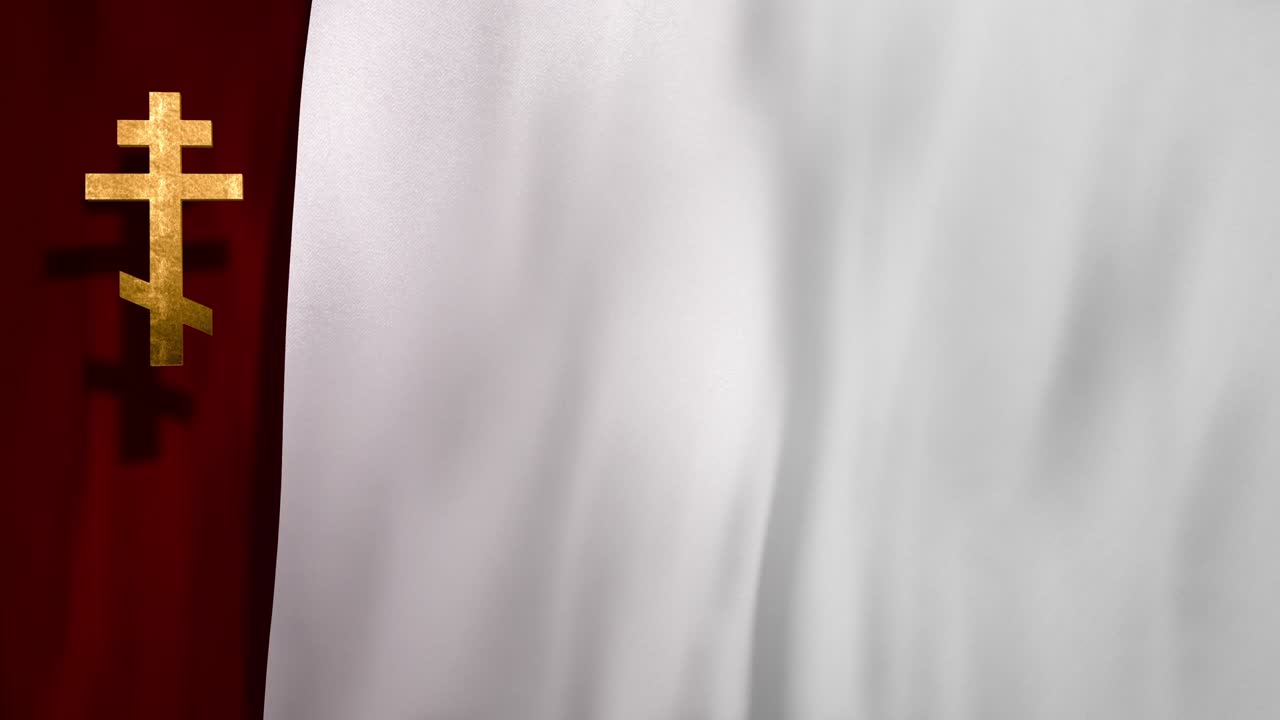 Cruz Cristã Ortodoxa Russa em Loop sobre Fundo de Seda de Veludo Vermelho e Branco em Tela Cheia