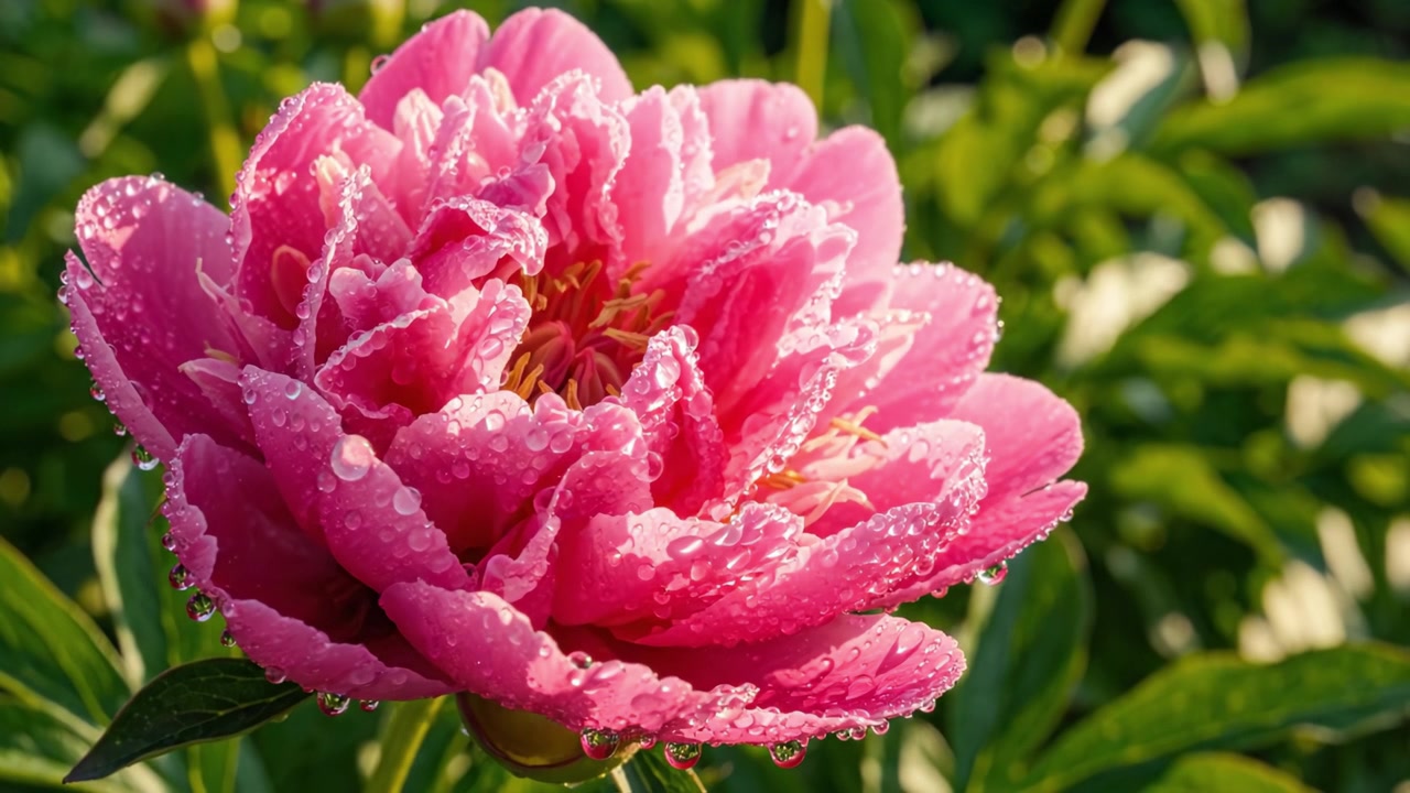 Fleur de pivoine rose enchanteresse avec des gouttes de rosée : Un gros plan époustouflant de la beauté de la nature dans un cadre de jardin luxuriant