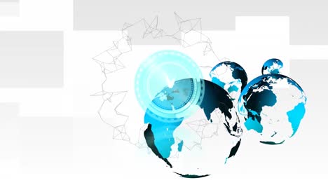 Digitale-Animation-Einer-Neonblauen-Uhr,-Die-Vor-Einem-Sich-Drehenden-Globus-Auf-Grauem-Hintergrund-Tickt