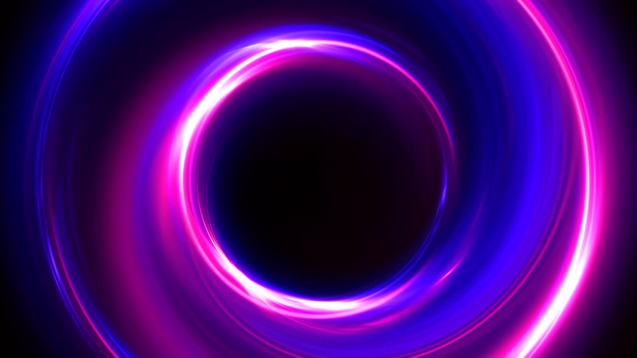 abstracto multicolor bucle sin costuras de neón fondo luminoso girando círculos brillantes. negro elegante. halo alrededor. energía aislada. chispas partícula. túnel espacial. led color elipse. brillo brillante.