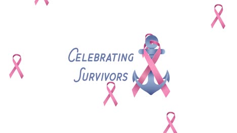 Animation-of-multiple-pink-ribbon-logo-falling-over-breast-cancer-text-appearing-on-white-background