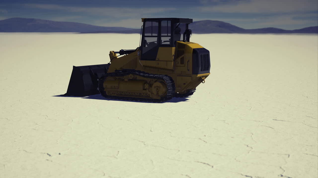 Heavy machinery operates on a dry lakebed under a vast blue sky