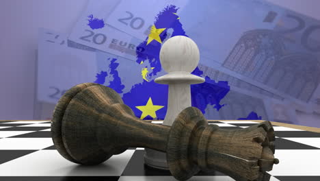 animation of fallen queen with pawn and european union flag in map over 20 euros on table