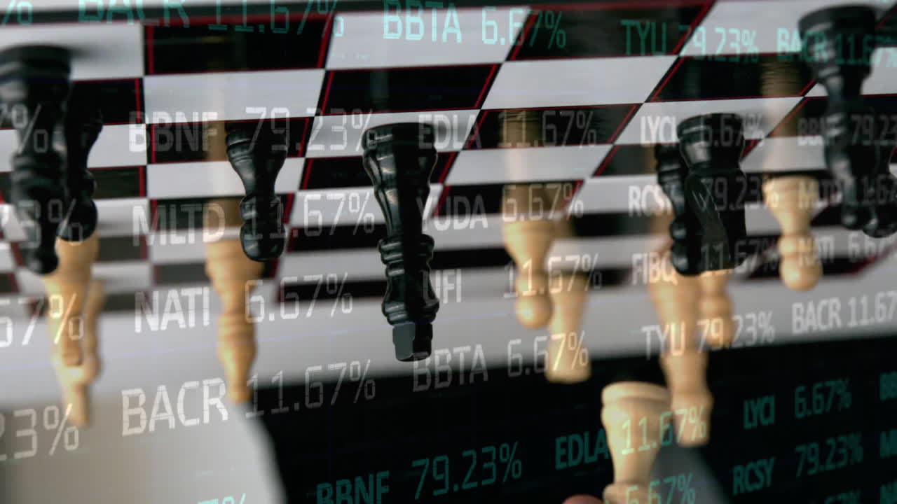 Black king piece floating above striped chessboard, displaying green and white stock ticker codes