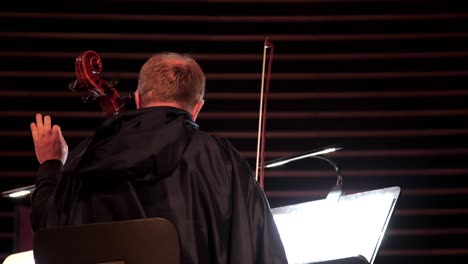 un violonchelista en un abrigo con capucha toca el violonchelo