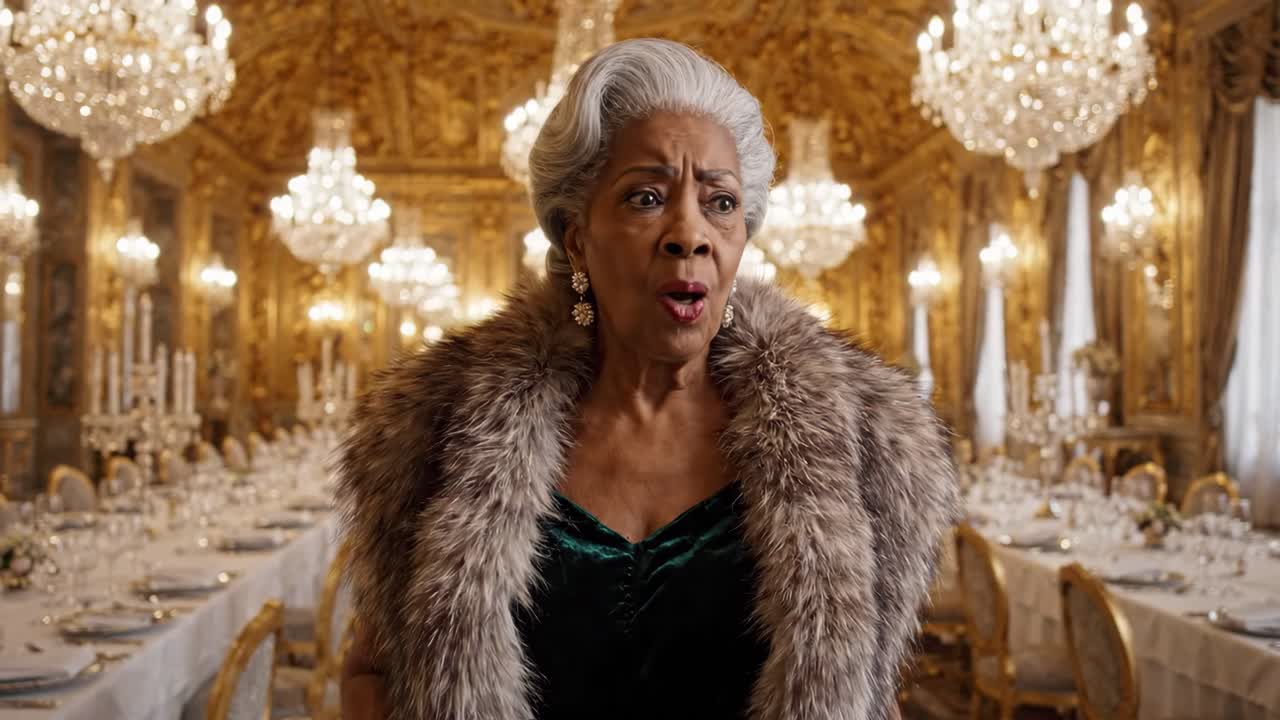 Elegante donna anziana che appare sorpresa in una sfarzosa sala da ballo.